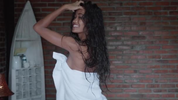 Beautiful Lady Covered White Towel Relaxing Shower Her Apartment Portrait — Stockvideo