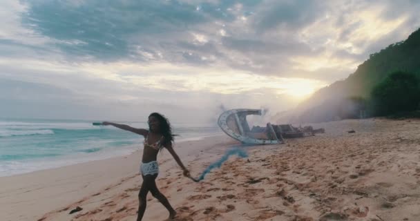 Aerial Drone View Beautiful Girl Playing Colored Smoke Shipwreck Beach — Stock Video