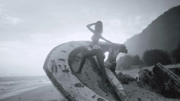 美丽的女孩摆在沉船在沙滩上惊人的日落 黑白视频慢动作 — 图库视频影像
