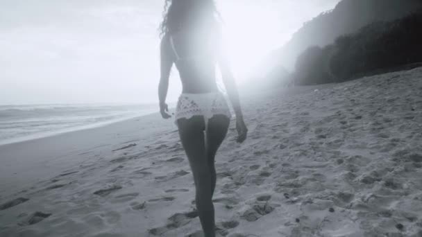 スローモーションで驚くべきサンセット 黒と白のビデオ中に砂浜のビーチでの難破近くを歩いて美しい少女の背面図 — ストック動画