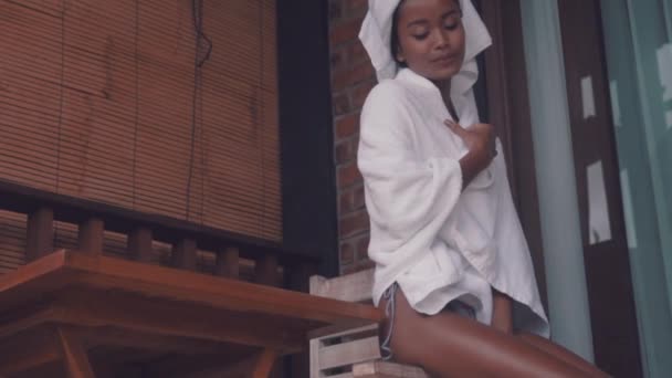 Beautiful Lady Covered White Towel Relaxing Terrace Shower Portrait Fashion — Stock Video