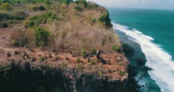 空中无人机拍摄的漂亮女孩走在悬崖上惊人的海洋和多云的天空视图 视频慢动作 — 图库视频影像