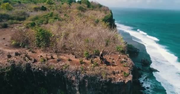 Captura Aérea Avión Tripulado Chica Bonita Caminando Por Acantilado Con — Vídeo de stock