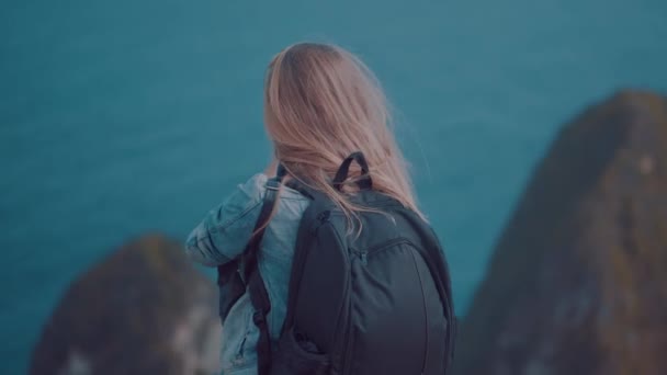崖の上に立って ペニダ島 インドネシアのバリ島で美しい Kelingking ビーチ崖の背景に写真をしている少女の背面図 — ストック動画
