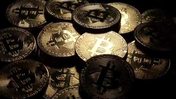 Macro Gros Plan Crypto Monnaie Bitcoin Pièces Filature — Video