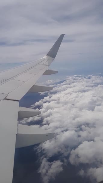 Kişi Görünümü Bulutların Üzerinde Uçan Uçak Kanadı Üzerinde Dikey Görünüm — Stok video