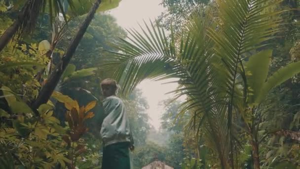 Beautiful Fashion Girl Posing Tropical Rain Forest Jungle Waterfall Portrait — Stock Video