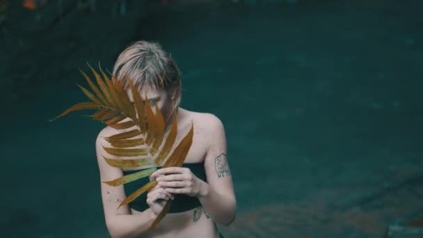 Güzel Moda Kız Poz Vücut Yüz Tropik Yağmur Ormanı Jungle — Stok video