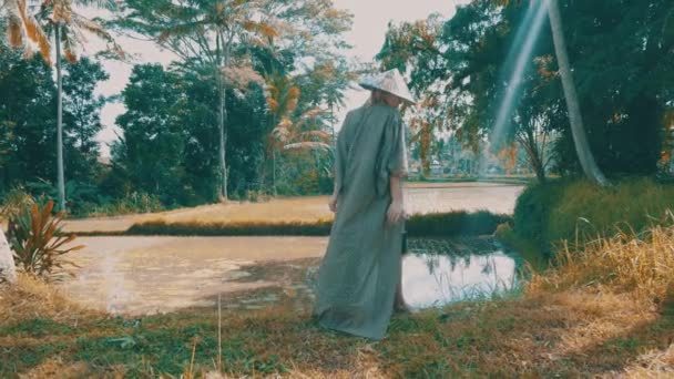 Krásná Móda Dívka Kimonu Tradiční Balinéskou Slaměný Klobouk Pózuje Tropických — Stock video