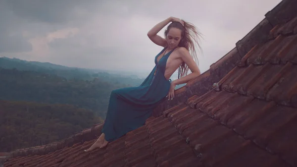 Aerial Drone View Beautiful Woman Long Blue Dress Sitting Tiled — Stock Photo, Image