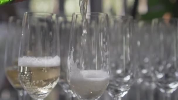 Closeup Pouring Champagne Glass Video Slow Motion — Stock Video