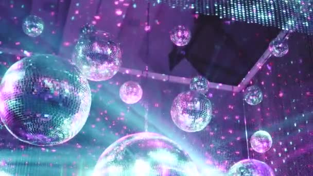 Beautiful Mirror Balls Rotates Ceiling Night Disco Party Concept — Stock Video