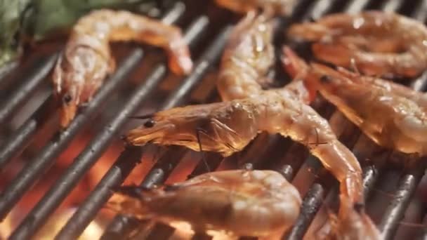 Closeup Camarões Água Doce Grelhados Fogão Churrasco — Vídeo de Stock