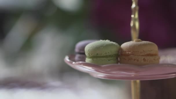 Gros plan beaux biscuits macaron sur le stand de dessert en verre sur la fête de l'événement 