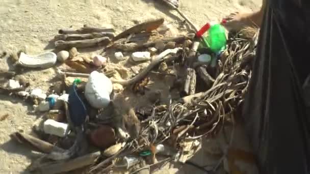 Primeros Planos Mujer Turista Limpiando Playa Sus Vacaciones — Vídeo de stock