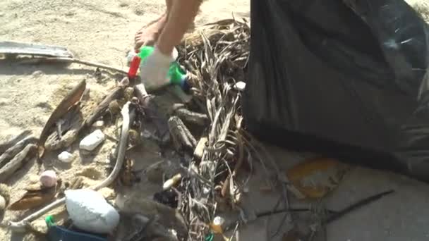 Κινηματογράφηση Πρώτο Πλάνο Χέρια Γυναίκα Τουριστικές Καθαρισμός Στην Παραλία Στις — Αρχείο Βίντεο