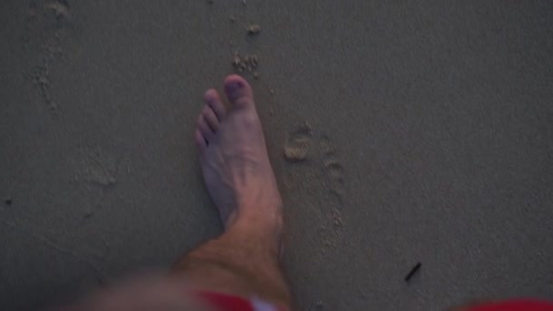 Man Walking Sandy Beach Closeup Male Feet Washed Sea Waves — Stock Video