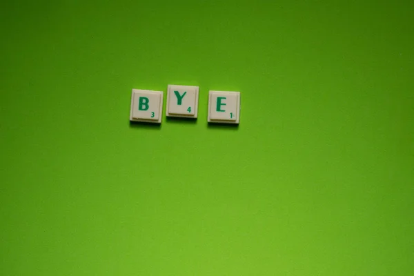 Palavra Criada Bye Com Letras Fundo Tela Verde — Fotografia de Stock
