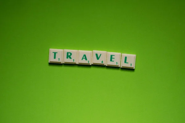 Seyahat Harfleri Ile Oluşturulan Word Yeşil Ekran Arka Plan Üzerinde — Stok fotoğraf