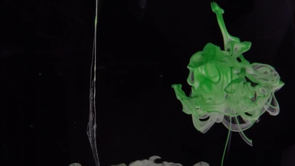 Tinta Verde Primer Plano Que Vierte Agua Sobre Fondo Negro — Vídeo de stock