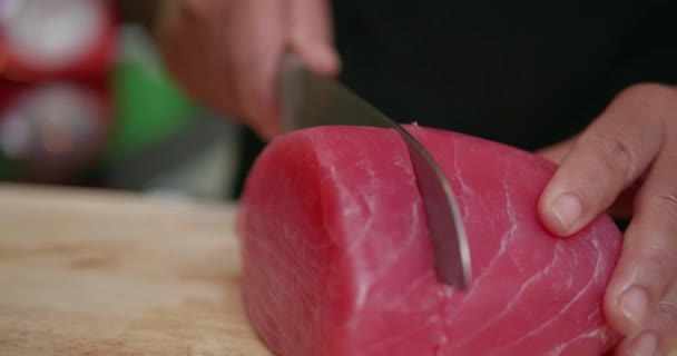 Closeup Woman Hands Putting Fresh Fried Fillet Salmon Salad Closeup — Stock Video