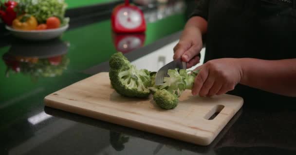 Cutting Fresh Broccoli Small Pieces Sharp Knife Closeup Chef Preparing — Stock Video