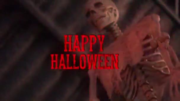 Feliz Halloween Animación Texto Con Letras Rojas Sobre Falso Esqueleto — Vídeos de Stock