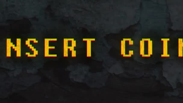 Insert Coin Text Animation Yellow Letters Vintage Wood Background Peeling — Stock Video