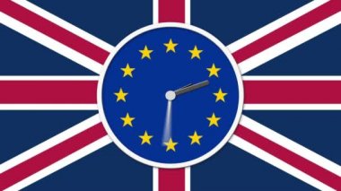 Geri sayım saat yüzünü animasyon. Brexit İngiltere'de AB referandum konseptiyle bayrakları ve saat