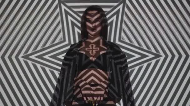 Portrait Woman Lingerie Jacket Posing Projected Pattern Her Music Nightclubs — Stock Video