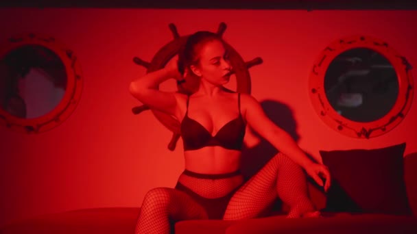 Sexy Seductive Brunette Woman Black Lingerie Fishnet Tights Posing Sofa — Stock Video
