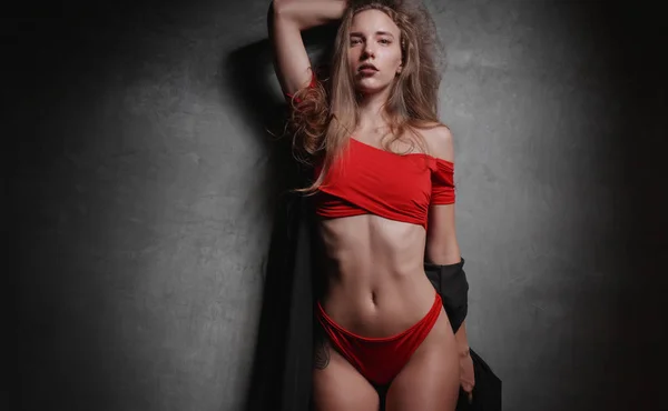 Beautiful Young Woman Red Bikini Black Overall Posing Gray Wall — Stock Photo, Image