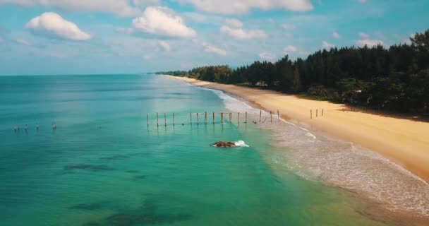 Vistas Aéreas Drones Pilhas Madeira Destacam Água Mar Sobre Fundo — Vídeo de Stock