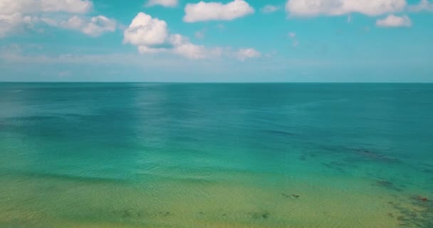 夏の日の中に美しいラグーンの海の水を熱帯の木と砂浜の上飛ぶ 夏と旅行休暇の概念 — ストック動画