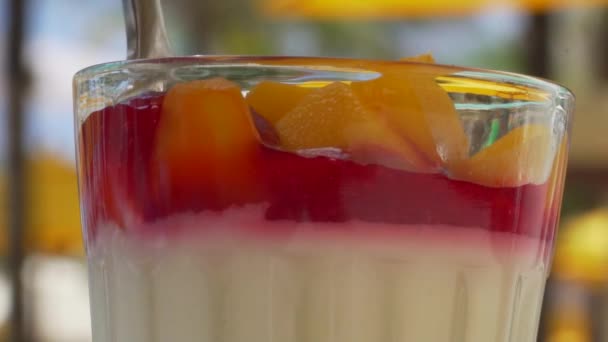 用勺子特写镜头的美味甜点 用金属勺子试吃芒果潘纳 — 图库视频影像