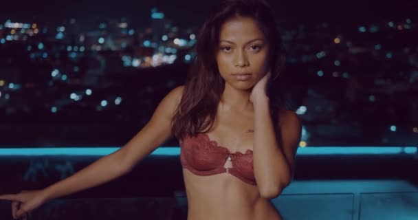 Beautiful Woman Red Lingerie Looking Camera While Standing Outdoor Terrace — Stock Video