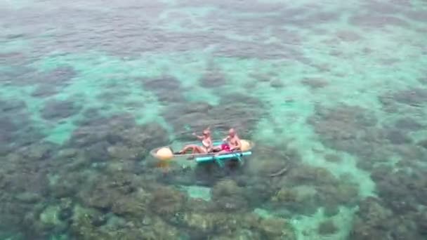 空中无人机视图夫妇与狗在皮划艇在惊人的水晶般清澈的海水 — 图库视频影像