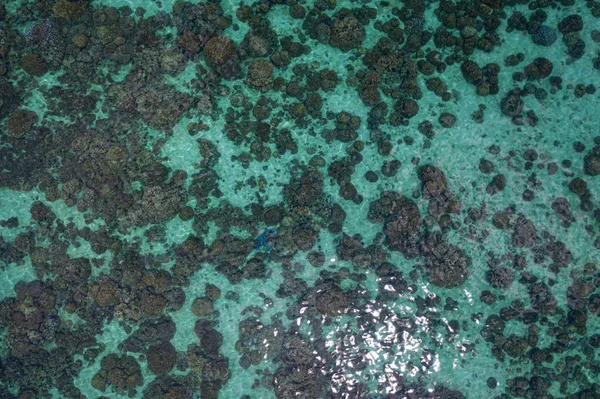 具有珊瑚礁和阳光的水晶般清澈的泻湖海水表面的空中无人机顶视图 — 图库照片