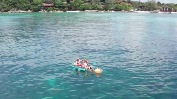 驚くべき透明な海水の上にカヤックで犬とのカップルの空中ドローンビュー — ストック動画