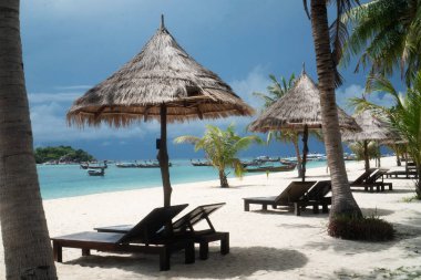 Şezlonglar, şemsiye, tekneler ile lagün denizi üzerinde palmiye ağaçları ile Amazing tropikal plaj. Tropikal tatil, tatil, seyahat konsepti
