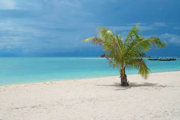 在美丽的海滩上 在泻湖海水与船只和小绿岛的最美丽的绿色棕榈树 惊人的异国情调的泰国岛利佩岛 热带度假 旅游理念 — 图库照片