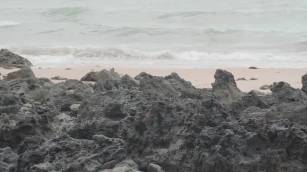 Песчаный Пляж Острыми Камнями Фоне Морских Волн — стоковое видео