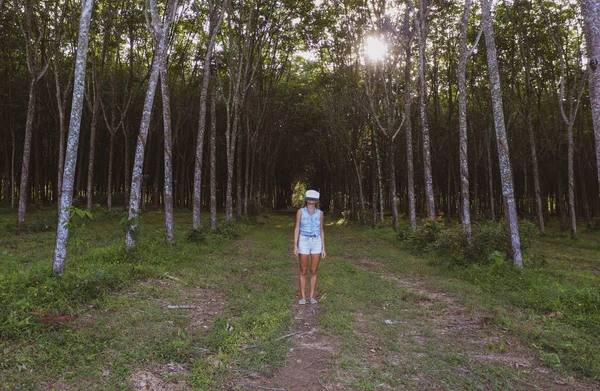 Mujer Bosque Utiliza Gafas Realidad Virtual Sorprende Por Naturaleza —  Fotos de Stock