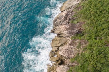 Yeşillik ile okyanus güzel dalgalar ve kayalık sahil havadan drone üst görünümü
