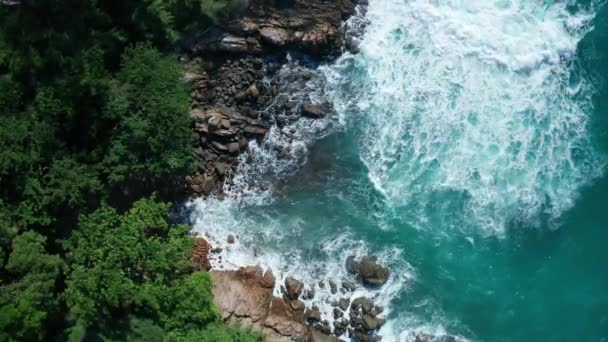 空中无人机顶视图海洋的美丽海浪坠毁在岩石岛屿海岸与绿色树木 — 图库视频影像