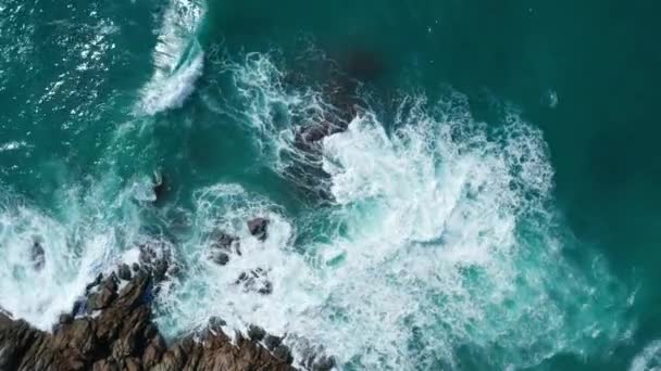 Aerial drone top view of ocean's beautiful waves crashing on the rocky island coast — Stock Footage Aerial Drone Top View Ocean Beautiful Waves Crashing Rocky Island Royalty Free Stock Footage