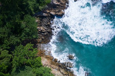 Yeşil ağaçlar ile kayalık ada kıyısında çökmesini okyanusun güzel dalgalar havadan drone üst görünümü