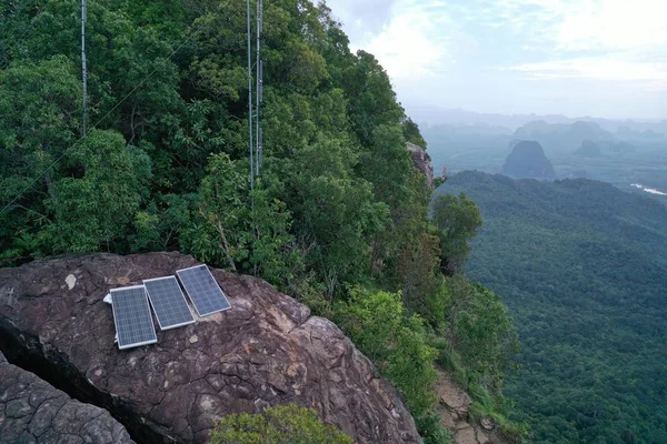 Aerial View Solar Panels Isolated Rocky Mountain View Point Beautiful — Stock Photo, Image