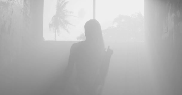 美丽的性感女人在身体西装跳舞在朦胧的工作室里与棕榈树背景 黑白视频在慢动作的剪影 — 图库视频影像