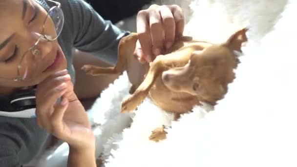 Hermosa Chica Sonriente Con Auriculares Relajándose Con Perro Una Cama — Vídeos de Stock